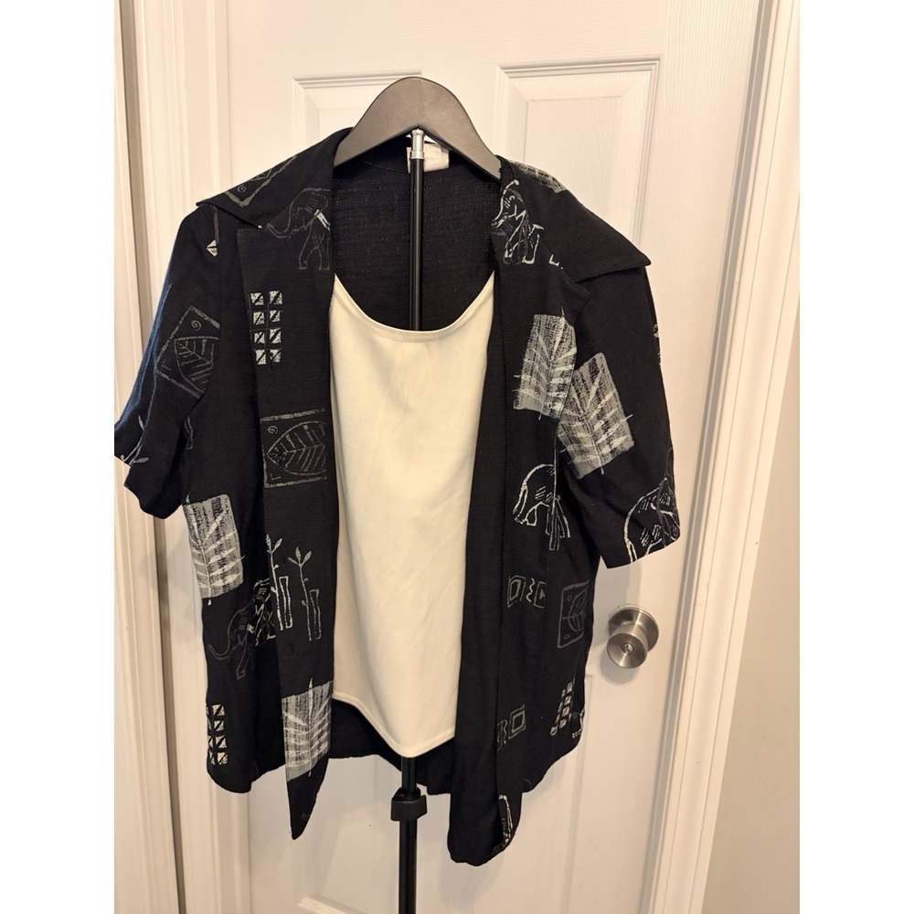 90s Modern Essentials Black White Tribal Print S/S Button Down Camisole Set L